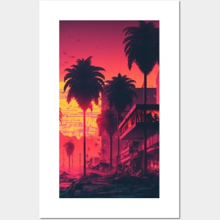 80s Miami House On The Backdrop of A Synthwave Sun Posters and Art